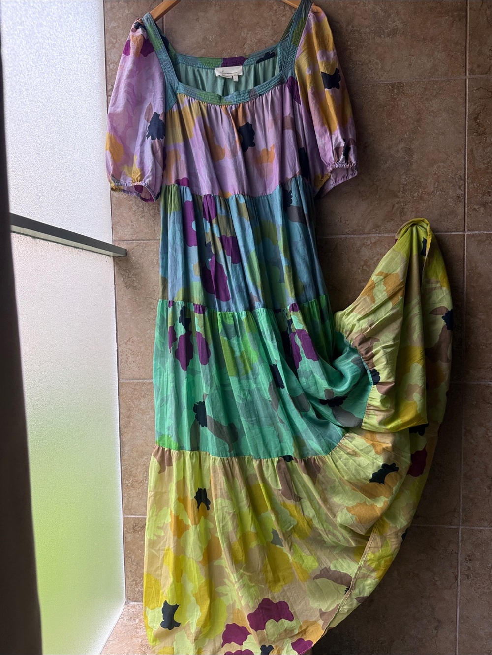 Anthropologie Caroline Tiered Maxi Dress Floral Cotton Silk Blend Pockets Large